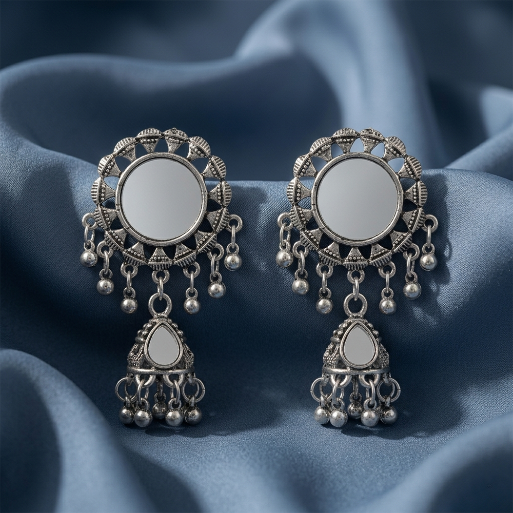 The99Jewel Antique Silver-Toned Oxidised Jhumki Earrings With Mirror Work