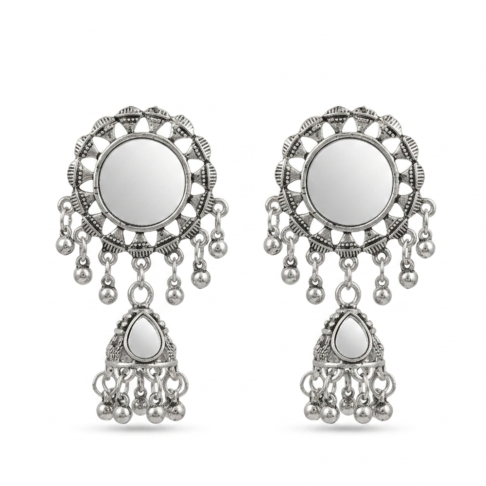 The99Jewel Antique Silver-Toned Oxidised Jhumki Earrings With Mirror Work