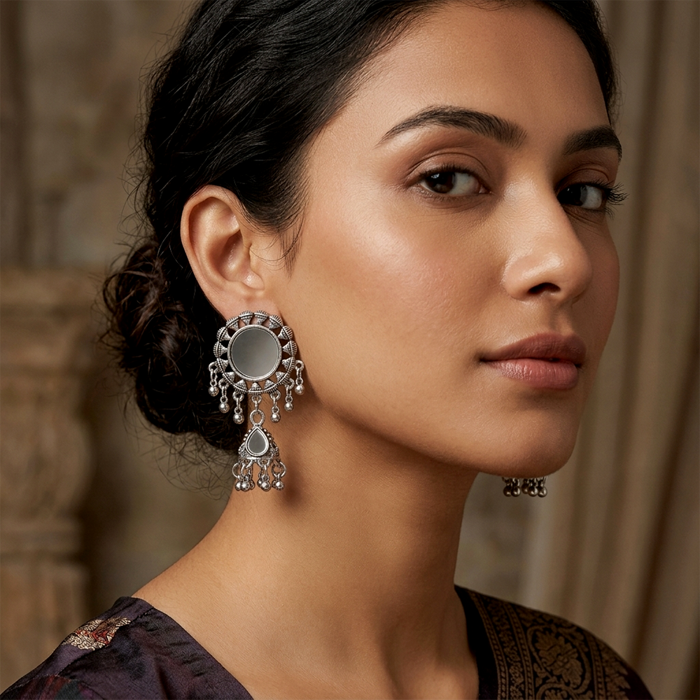 The99Jewel Antique Silver-Toned Oxidised Jhumki Earrings With Mirror Work