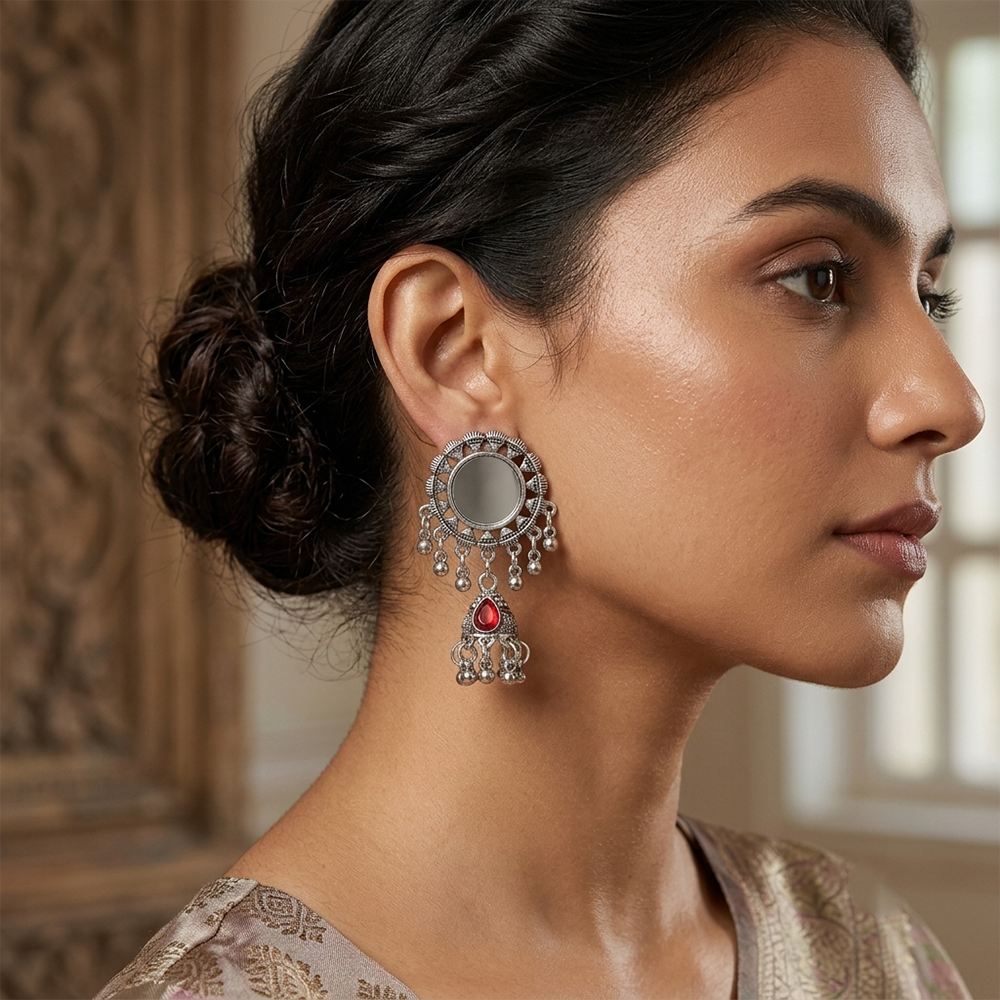 The99Jewel Antique Silver-Toned Oxidised Jhumki Earrings With Mirror Work