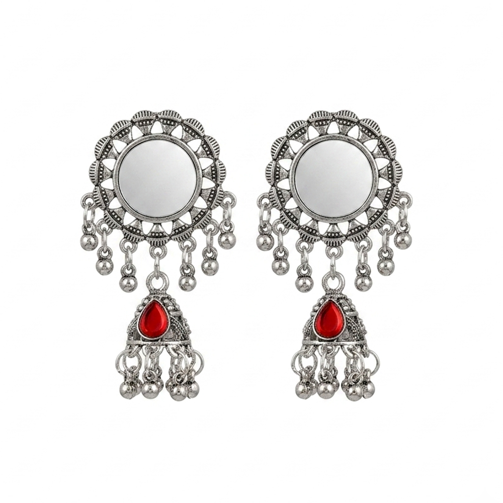 The99Jewel Antique Silver-Toned Oxidised Jhumki Earrings With Mirror Work
