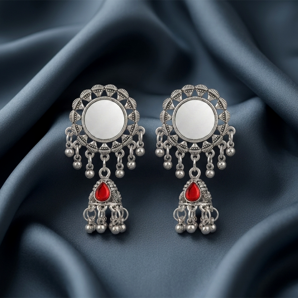 The99Jewel Antique Silver-Toned Oxidised Jhumki Earrings With Mirror Work