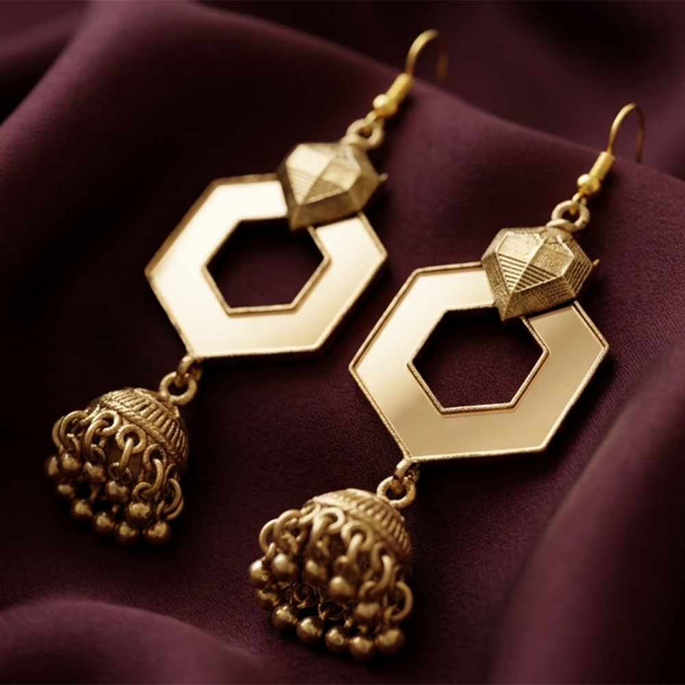 The99Jewel Antique Gold Plated Hexagon Mirror Jhumki Dangler Earrings for Women