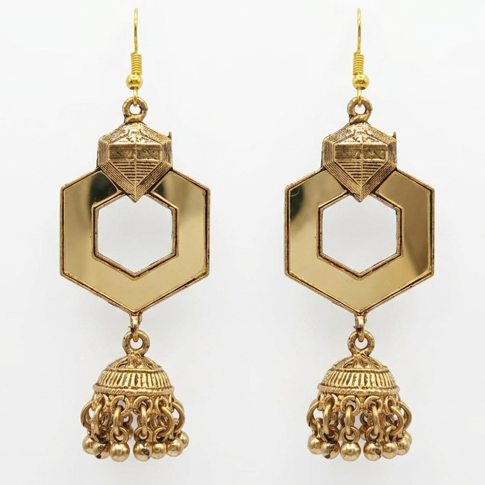 The99Jewel Antique Gold Plated Hexagon Mirror Jhumki Dangler Earrings for Women