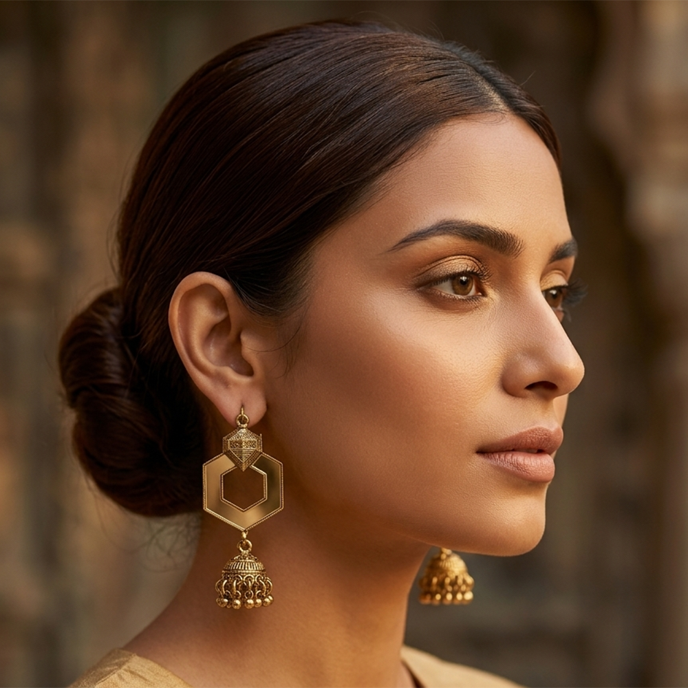 The99Jewel Antique Gold Plated Hexagon Mirror Jhumki Dangler Earrings for Women