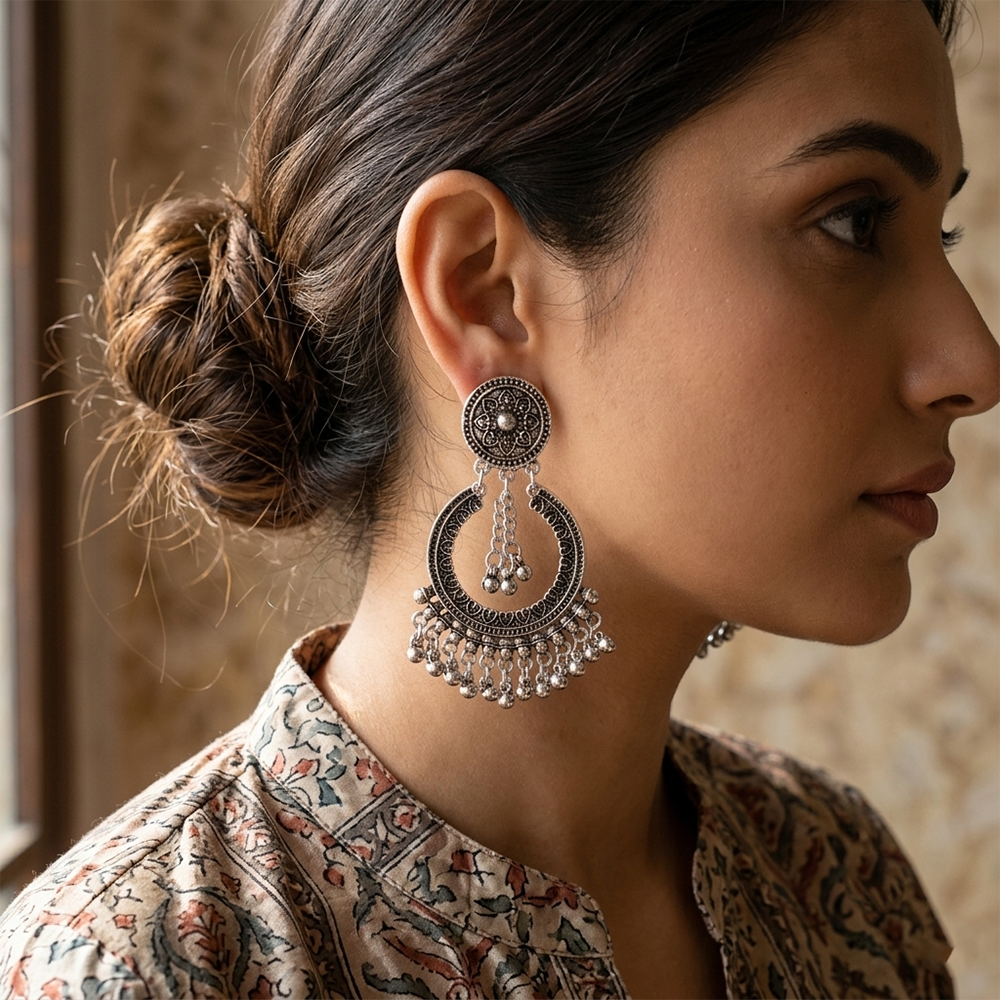 The99Jewel Antique Silver-Toned Oxidised Dangler Earrings