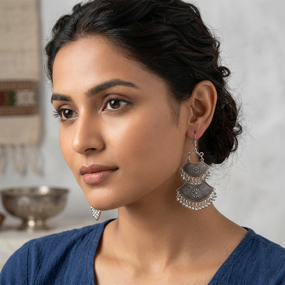 The99Jewel Antique Silver-Toned Oxidised Dangler Earrings