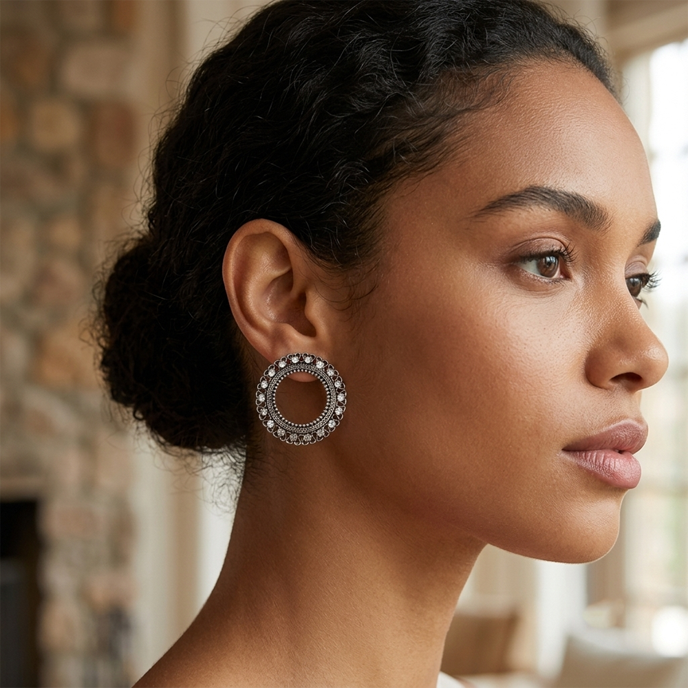 The99Jewel Oxidised Crystal Circle Stud Earrings