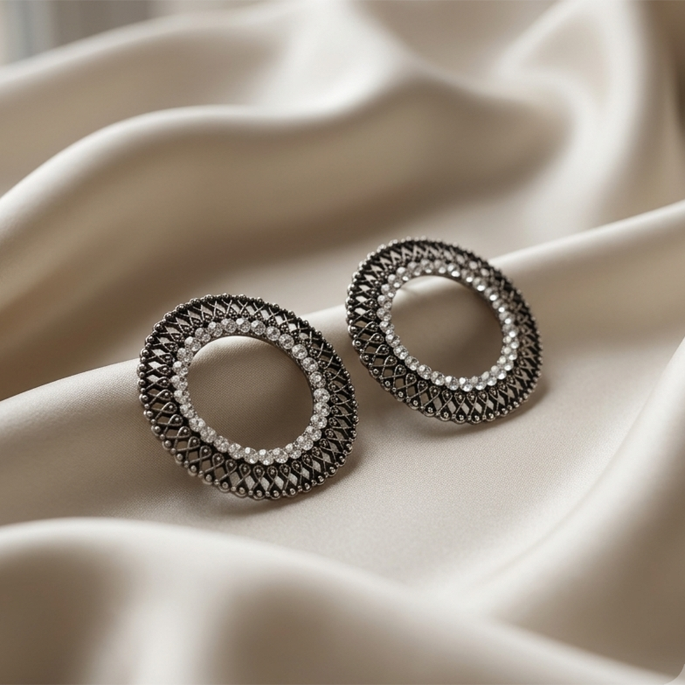 The99Jewel Oxidised Crystal Circle Stud Earrings