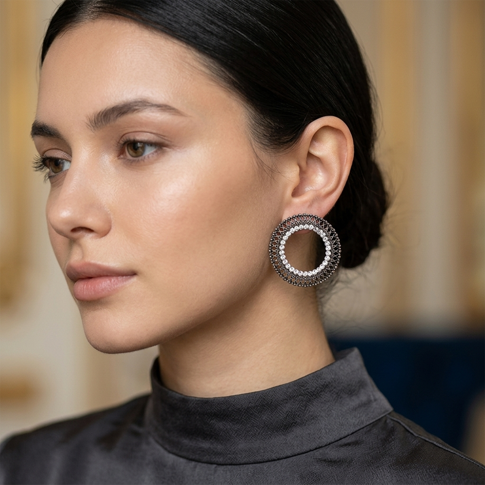 The99Jewel Oxidised Crystal Circle Stud Earrings