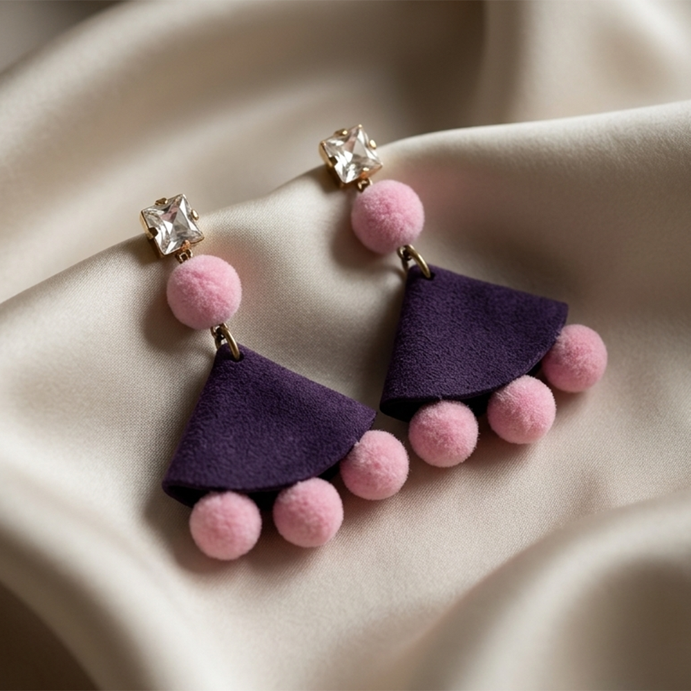 The99Jewel Crystal Stud Pom Pom Drop Earrings