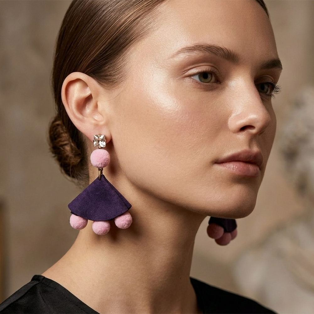 The99Jewel Crystal Stud Pom Pom Drop Earrings