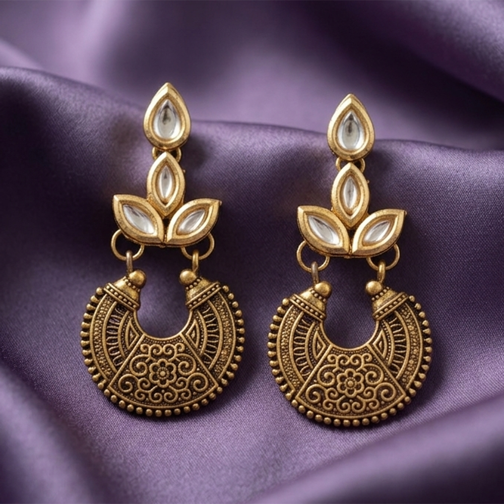 The99Jewel Antique Gold Floral Stone Chandbali Earrings for Women