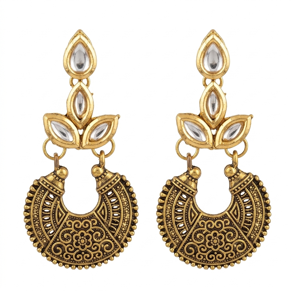 The99Jewel Antique Gold Floral Stone Chandbali Earrings for Women
