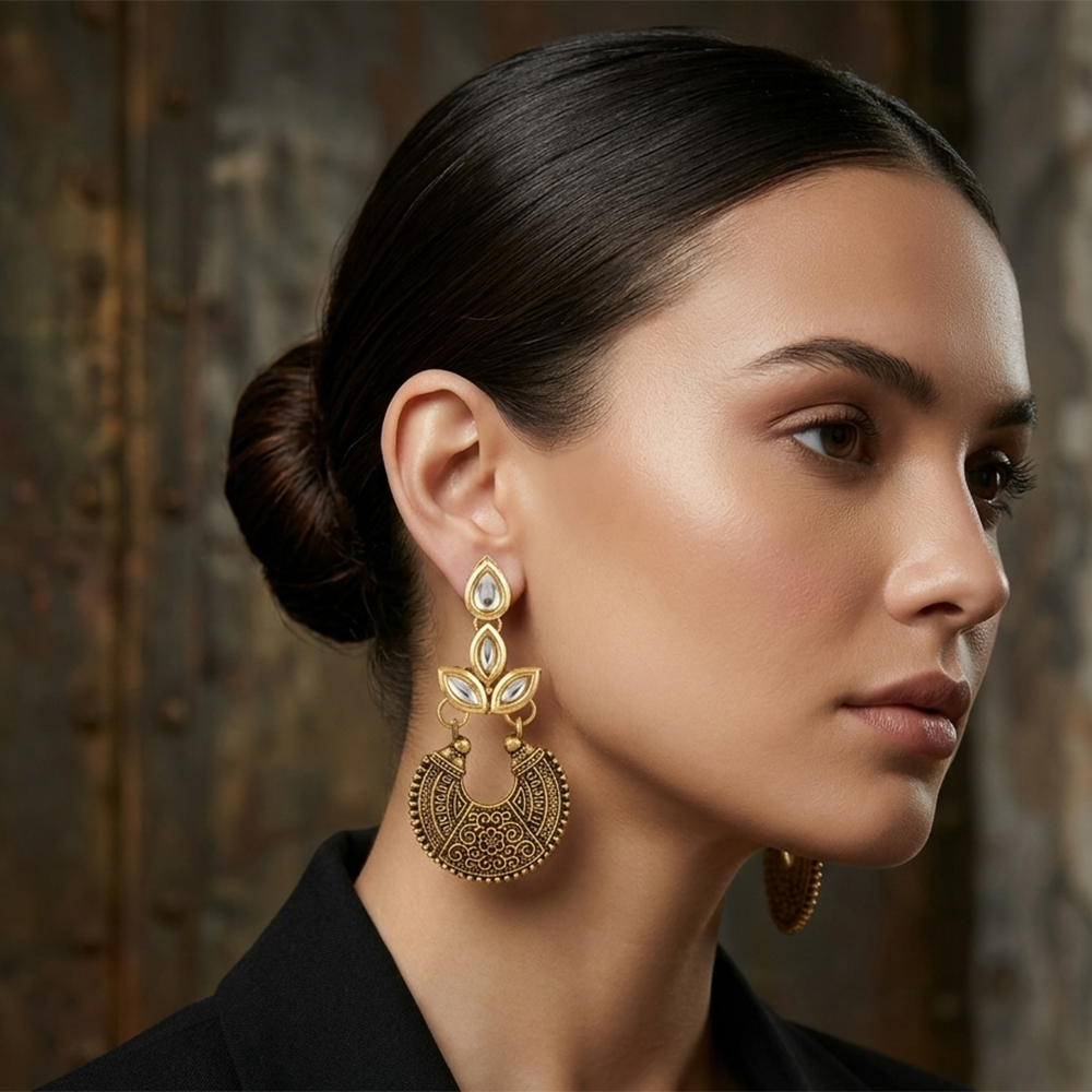 The99Jewel Antique Gold Floral Stone Chandbali Earrings for Women