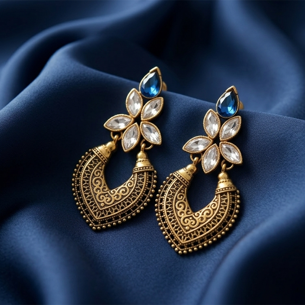 The99Jewel Antique Gold Floral Stone Chandbali Earrings for Women