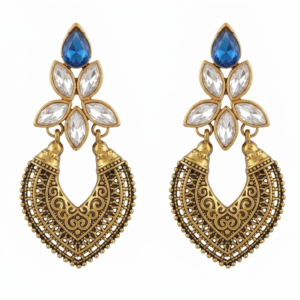 The99Jewel Antique Gold Floral Stone Chandbali Earrings for Women