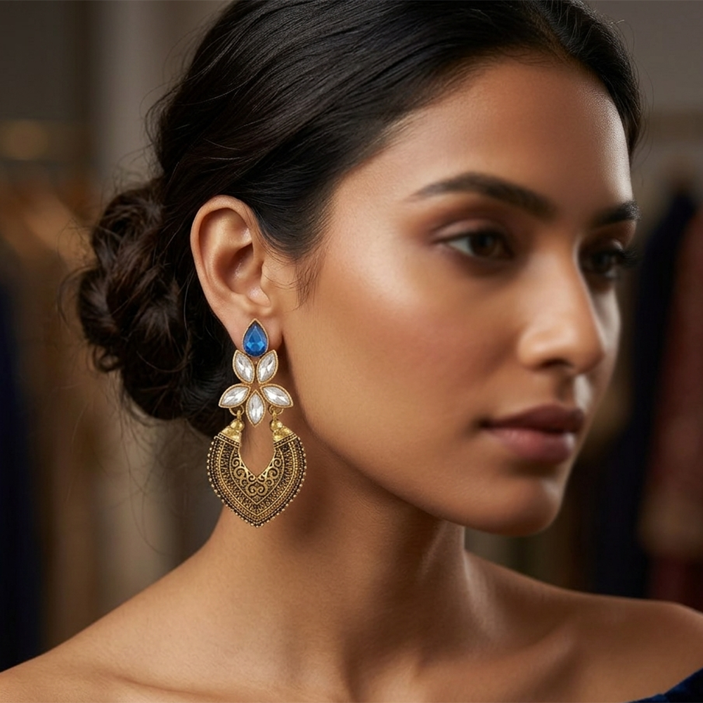 The99Jewel Antique Gold Floral Stone Chandbali Earrings for Women