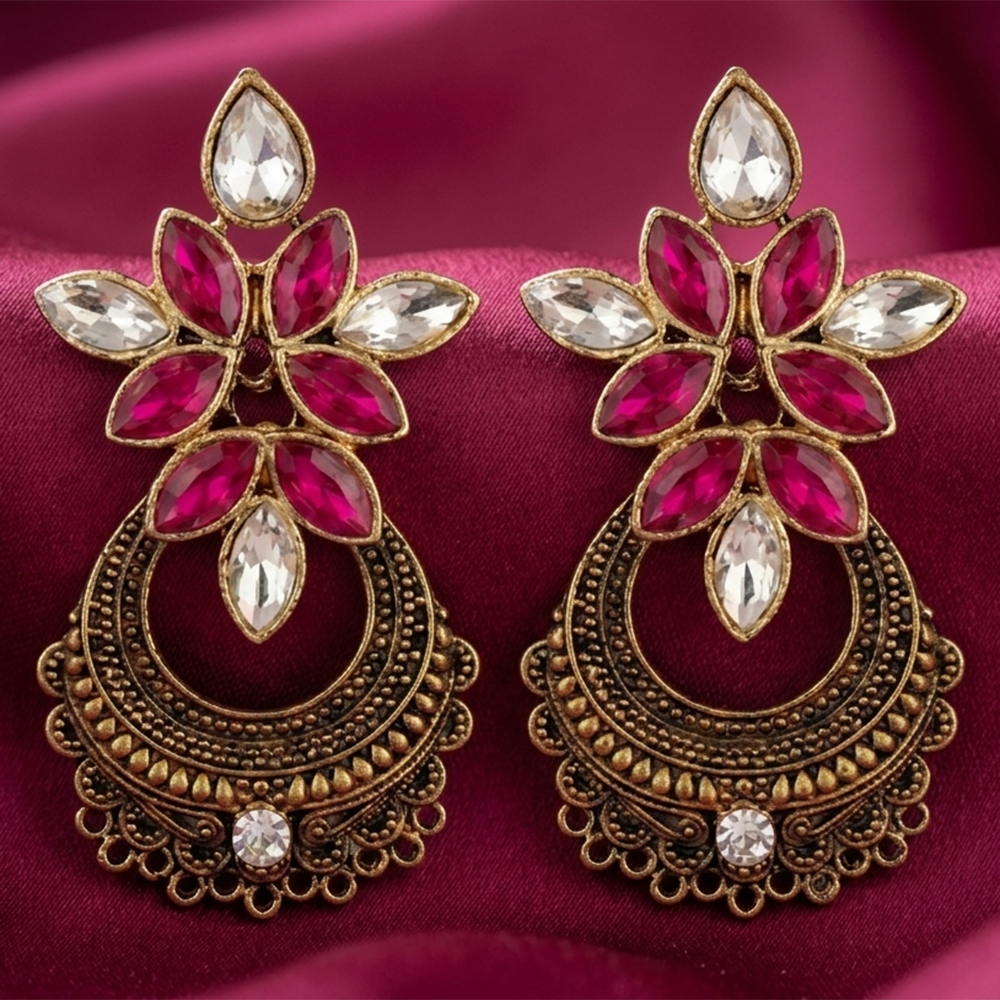 The99Jewel Antique Gold Floral Stone Chandbali Earrings for Women