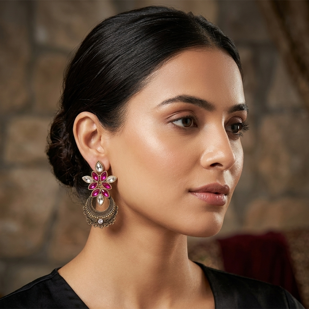 The99Jewel Antique Gold Floral Stone Chandbali Earrings for Women