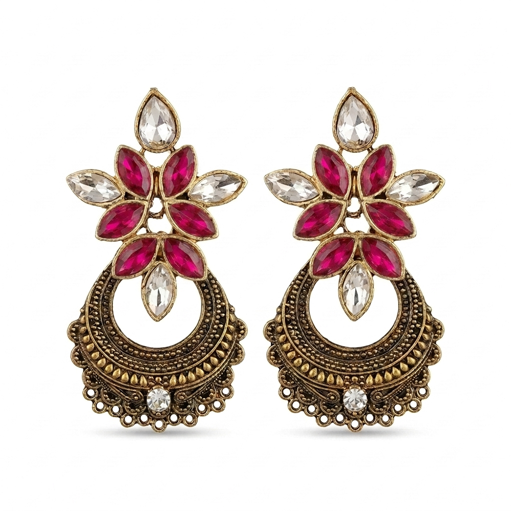 The99Jewel Antique Gold Floral Stone Chandbali Earrings for Women