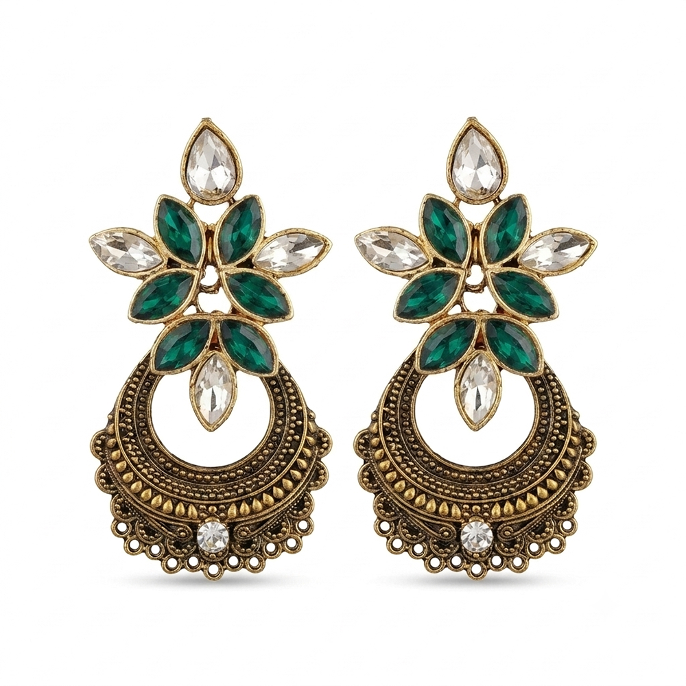 The99Jewel Antique Gold Floral Stone Chandbali Earrings for Women