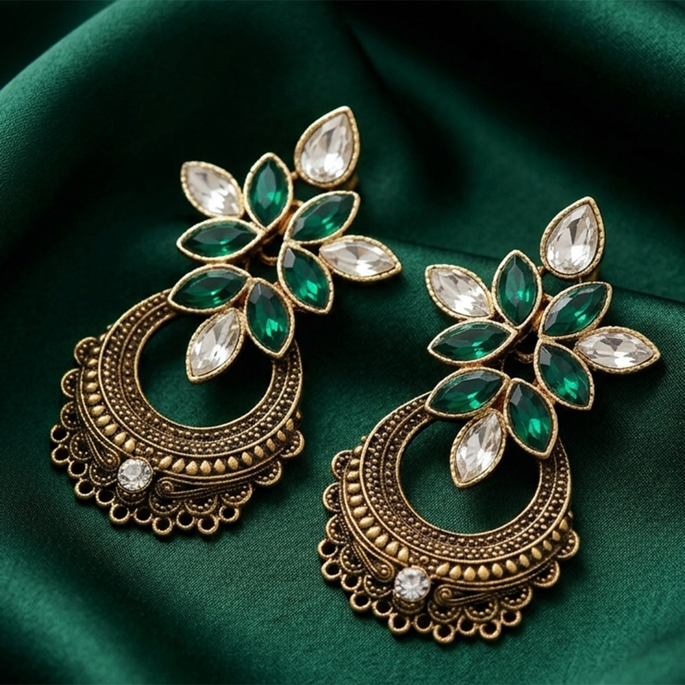 The99Jewel Antique Gold Floral Stone Chandbali Earrings for Women