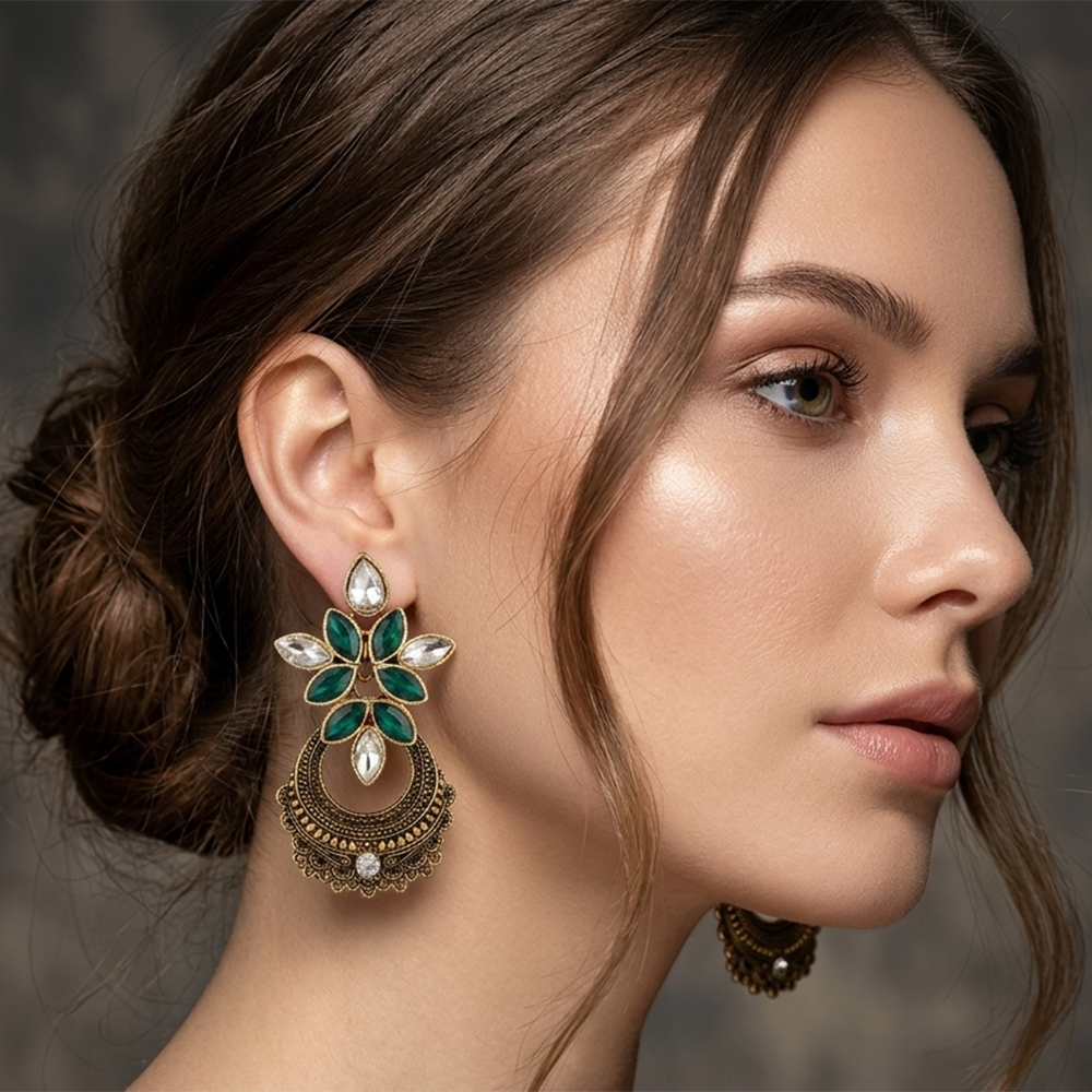 The99Jewel Antique Gold Floral Stone Chandbali Earrings for Women