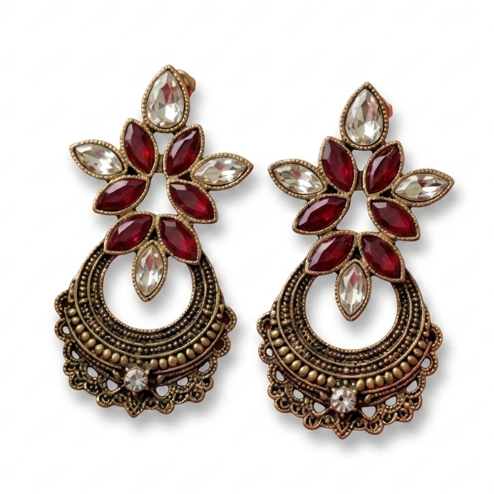 The99Jewel Antique Gold Floral Stone Chandbali Earrings for Women