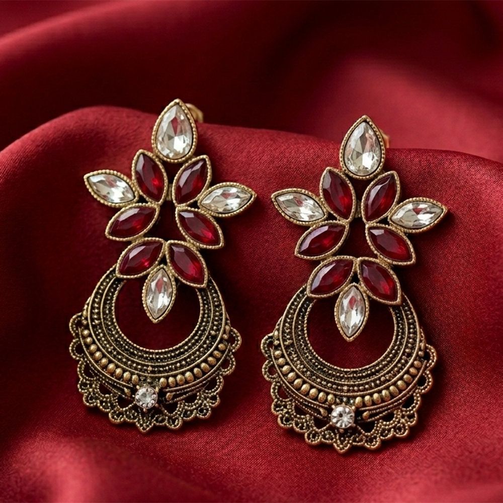 The99Jewel Antique Gold Floral Stone Chandbali Earrings for Women