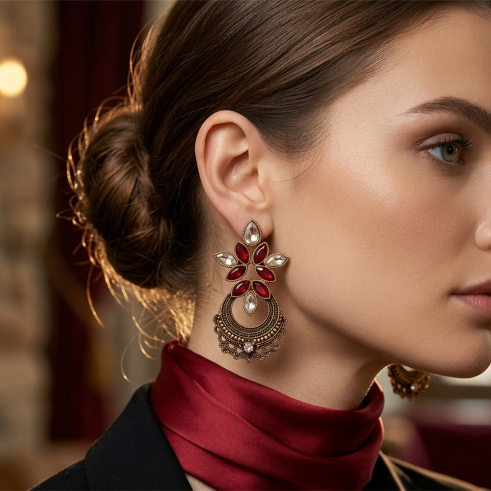 The99Jewel Antique Gold Floral Stone Chandbali Earrings for Women