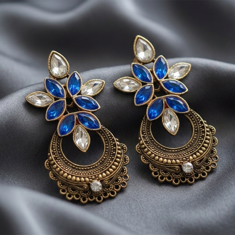The99Jewel Antique Gold Floral Stone Chandbali Earrings for Women