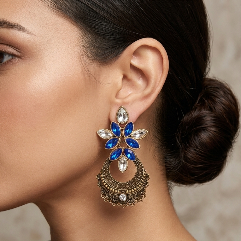 The99Jewel Antique Gold Floral Stone Chandbali Earrings for Women