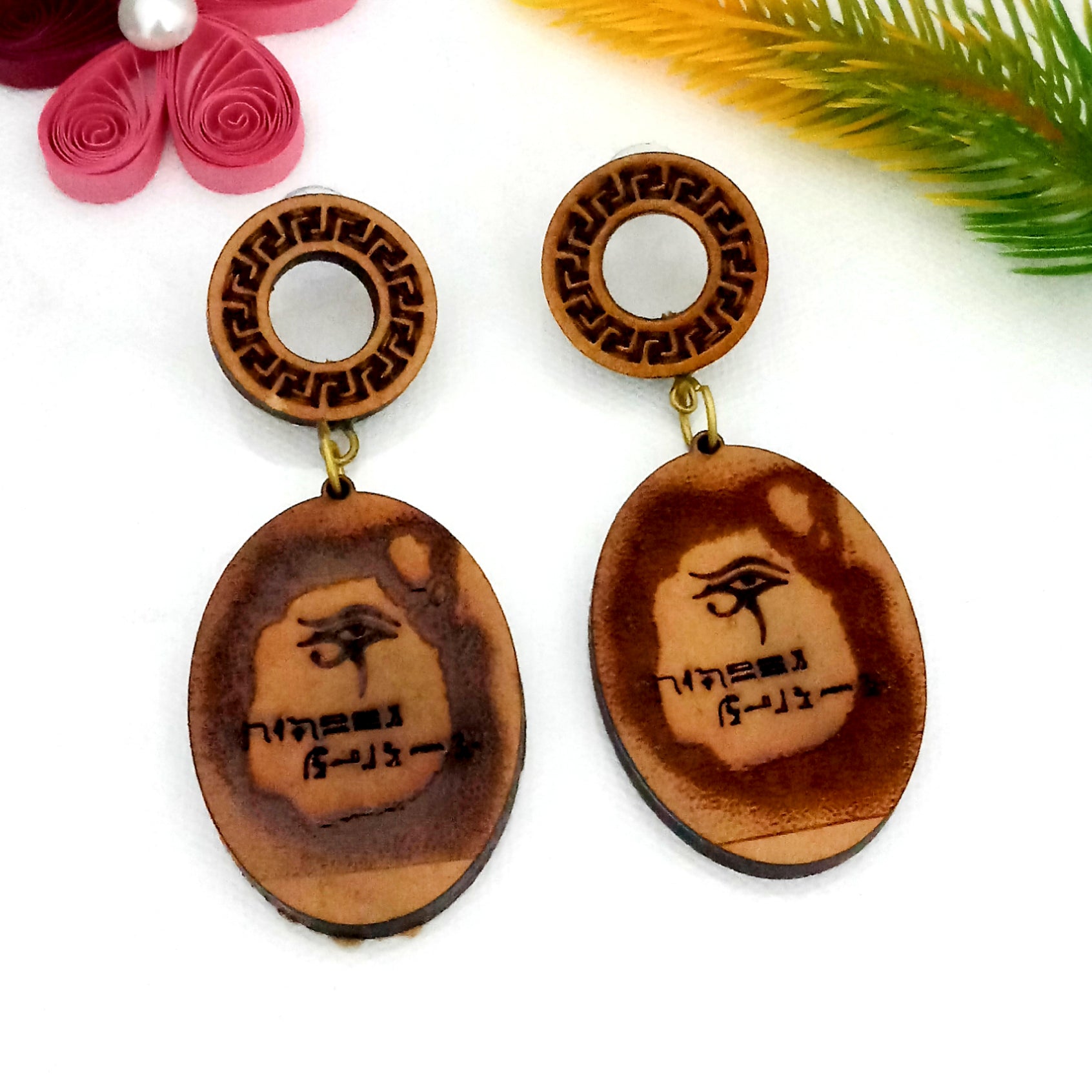 The99Jewel Egyptian Eye Oval Drop Wooden Earrings