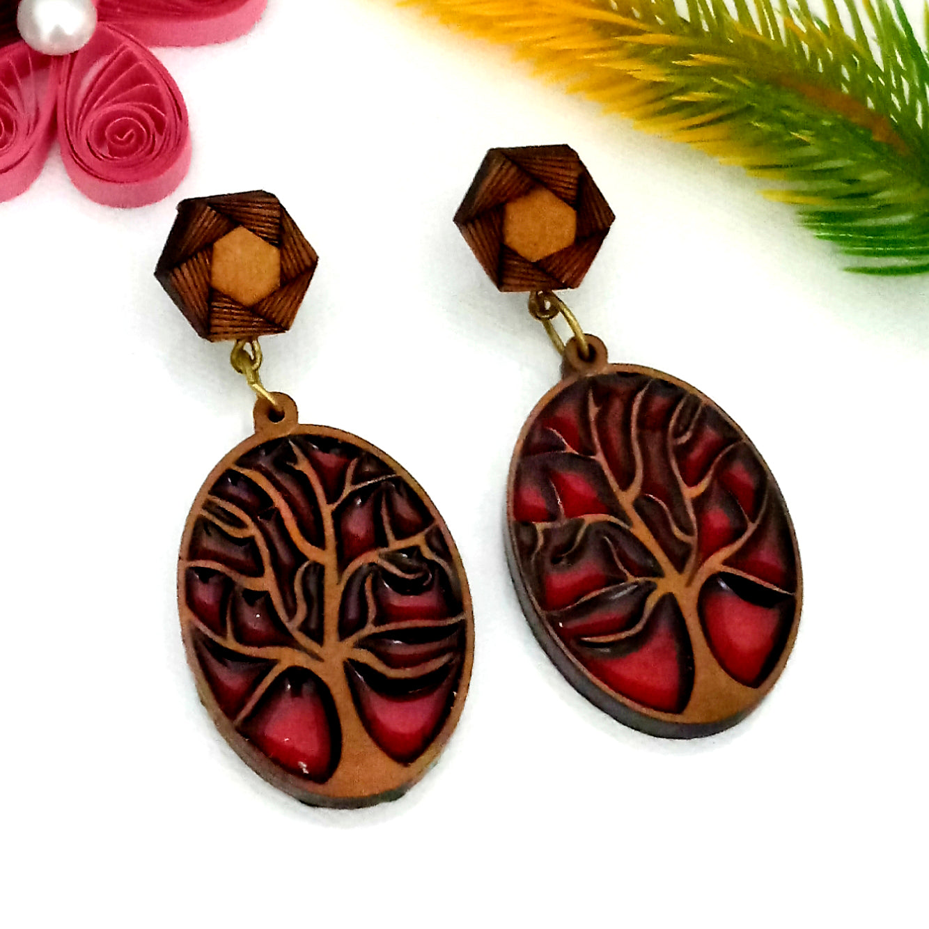 The99Jewel Tree of Life Oval Drop Wooden & Enamel Earrings