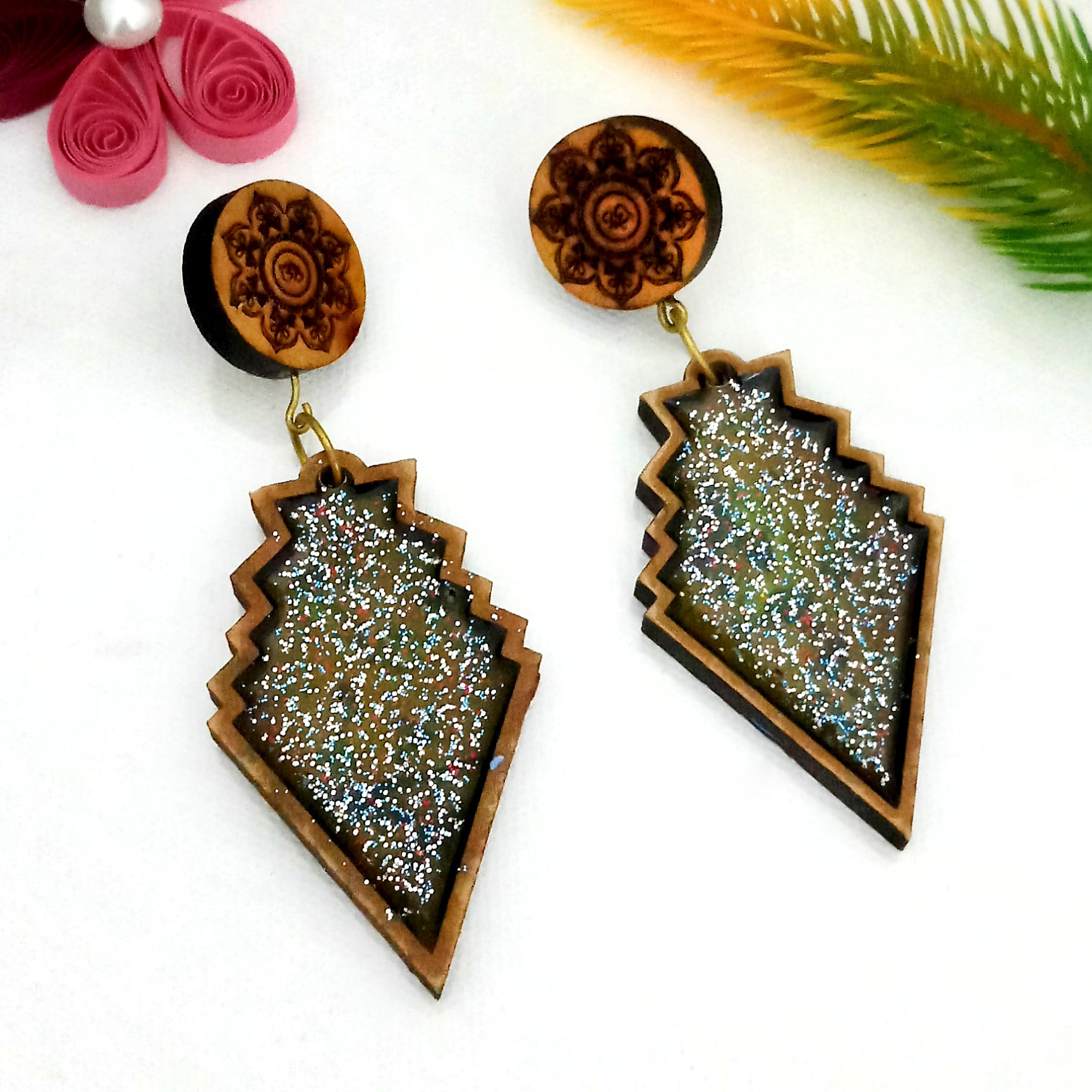 The99Jewel Geometric Glitter Drop Wooden Earrings