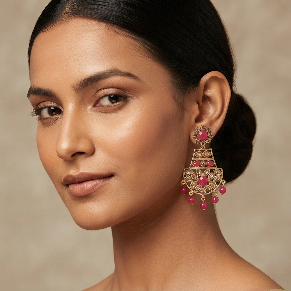 The99Jewel Floral Pink Crystal Stone Statement Dangler Earrings for Women