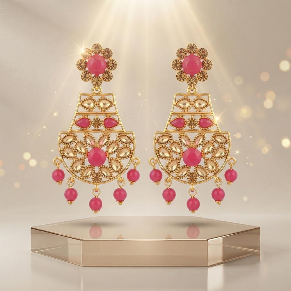 The99Jewel Floral Pink Crystal Stone Statement Dangler Earrings for Women