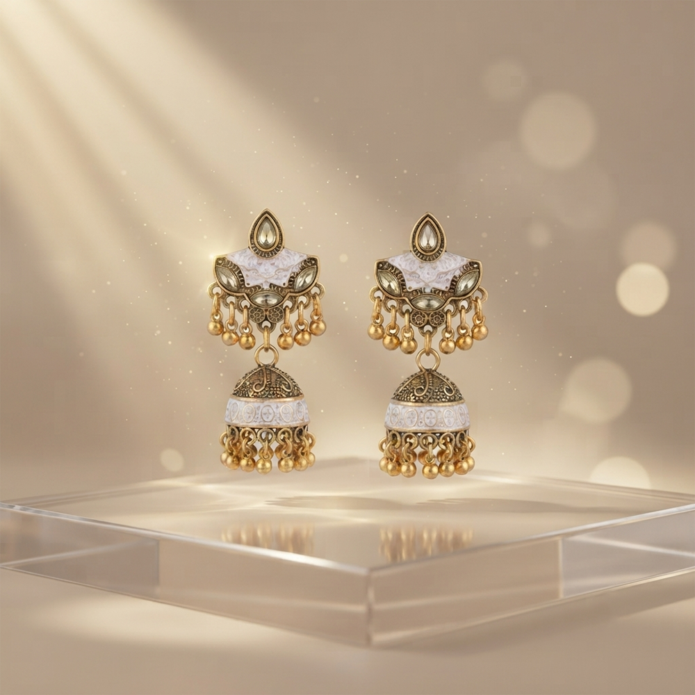The99Jewel Antique Meenakari Jhumki Earrings with Crystal Stone & Ghungroo Drops for Women