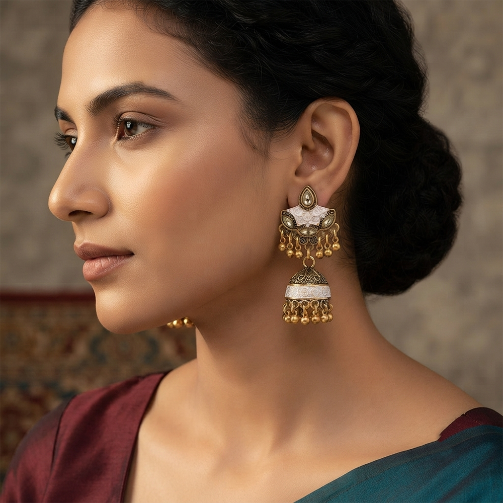 The99Jewel Antique Meenakari Jhumki Earrings with Crystal Stone & Ghungroo Drops for Women