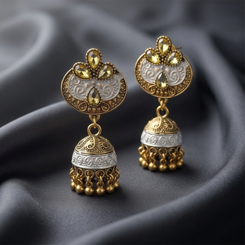 The99Jewel Antique Meenakari Jhumki Earrings with Crystal Stone & Ghungroo Drops for Women