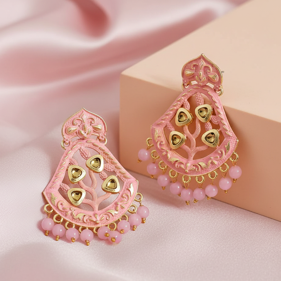 The99Jewel Pink Matte Meenakari Dangler Beads Drop Earrings -1318001C