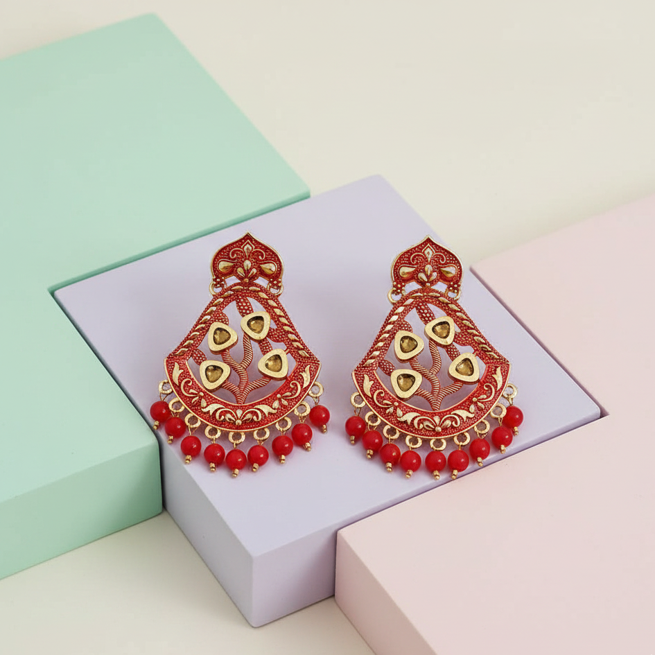 The99Jewel Red Matte Meenakari Dangler Beads Drop Earrings -1318001G