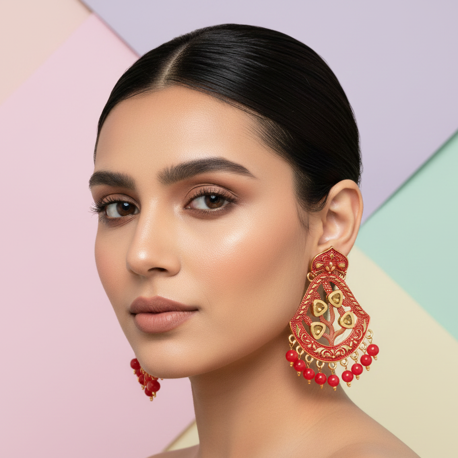 The99Jewel Red Matte Meenakari Dangler Beads Drop Earrings -1318001G