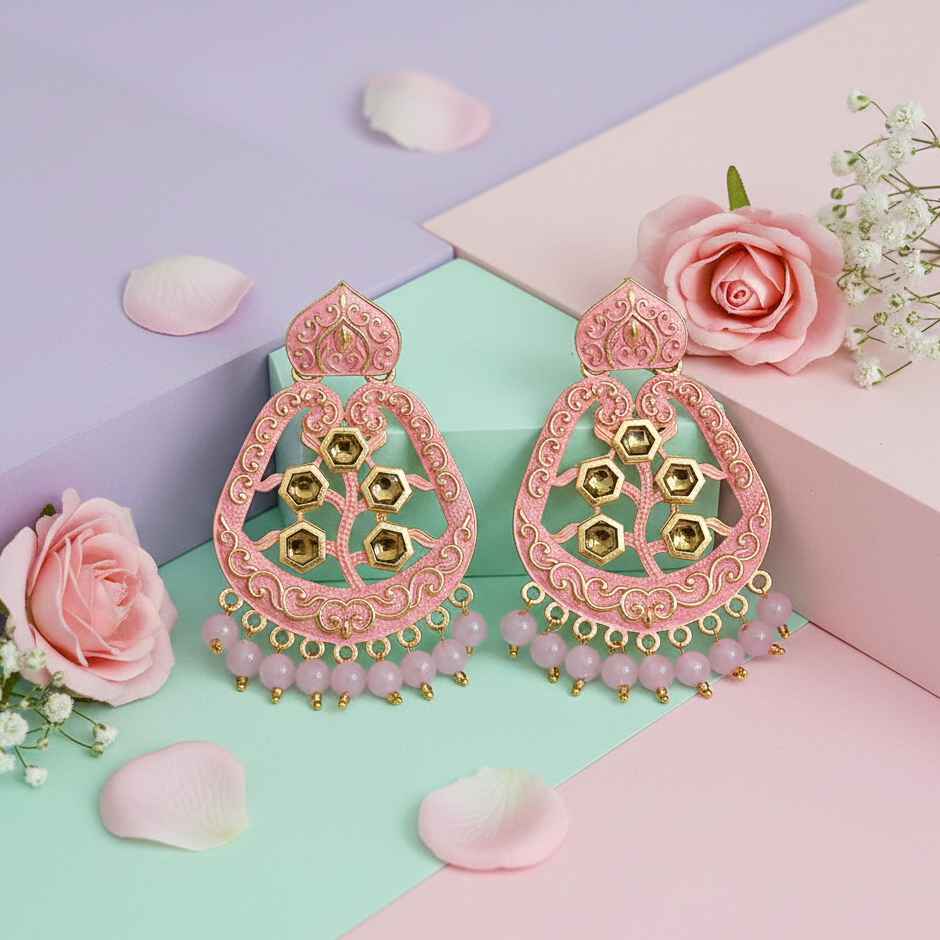 The99Jewel Pink Matte Meenakari Dangler Beads Drop Earrings -1318002C