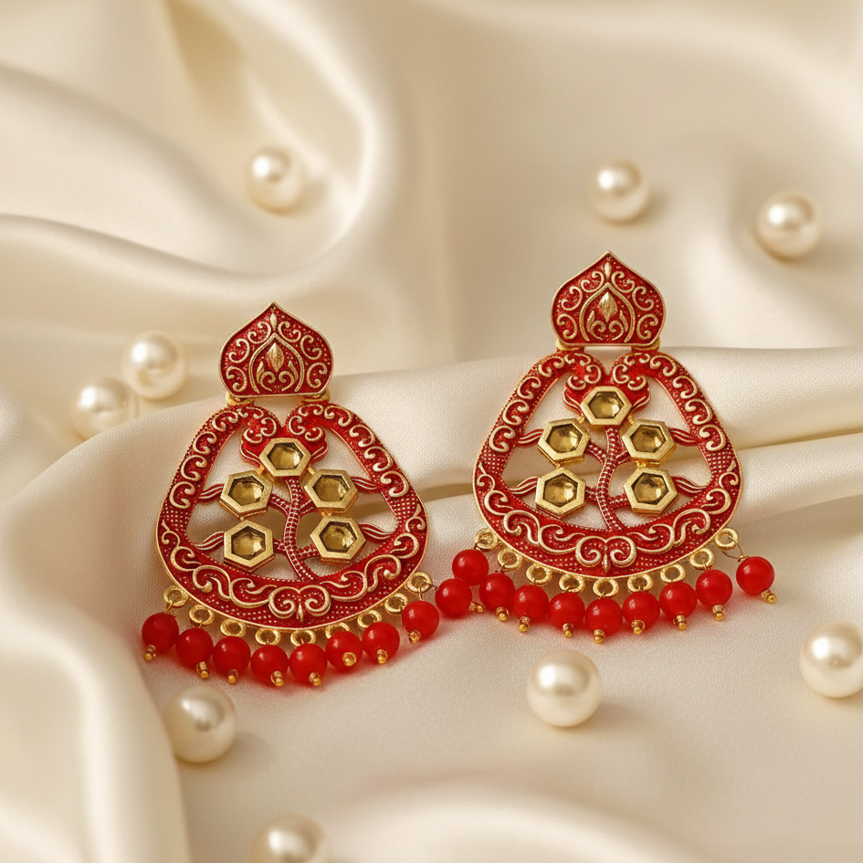 The99Jewel Red Matte Meenakari Dangler Beads Drop Earrings -1318002G