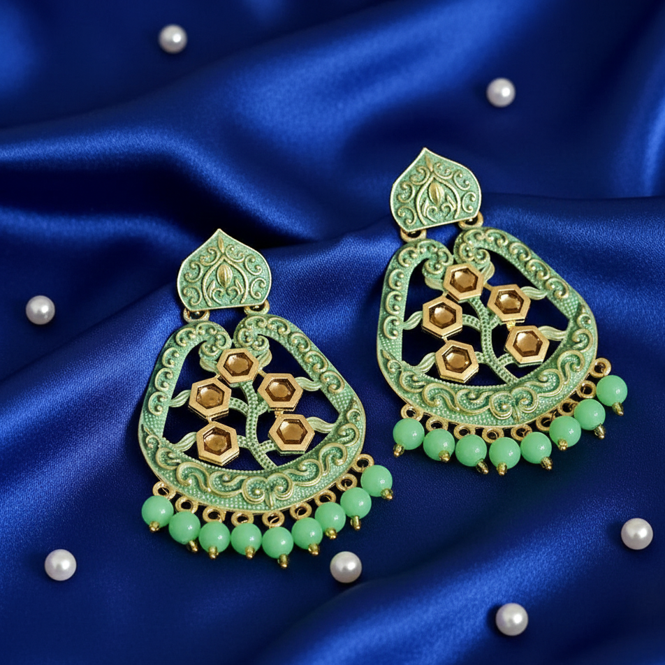 The99Jewel Green Matte Meenakari Dangler Beads Drop Earrings -1318002I