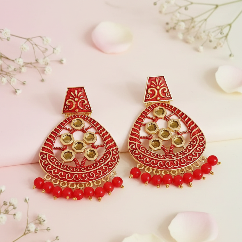 The99Jewel Red Matte Meenakari Dangler Beads Drop Earrings -1318003G
