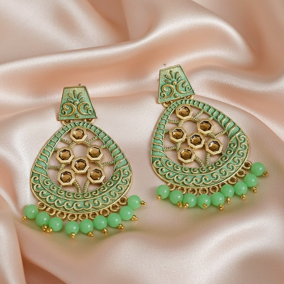 The99Jewel Green Matte Meenakari Dangler Beads Drop Earrings -1318003I