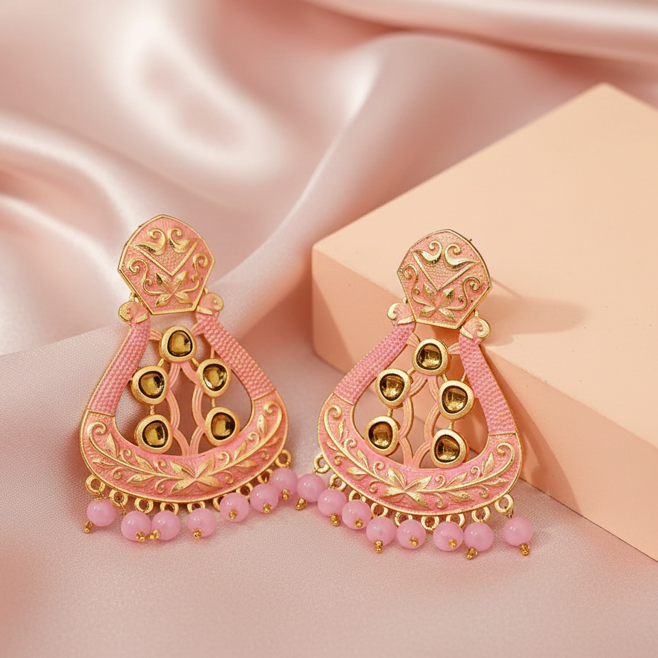 The99Jewel Pink Matte Meenakari Dangler Beads Drop Earrings -1318004C